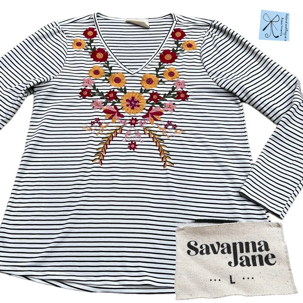 Savanna Jane Striped Embroidered Floral Top Sz L